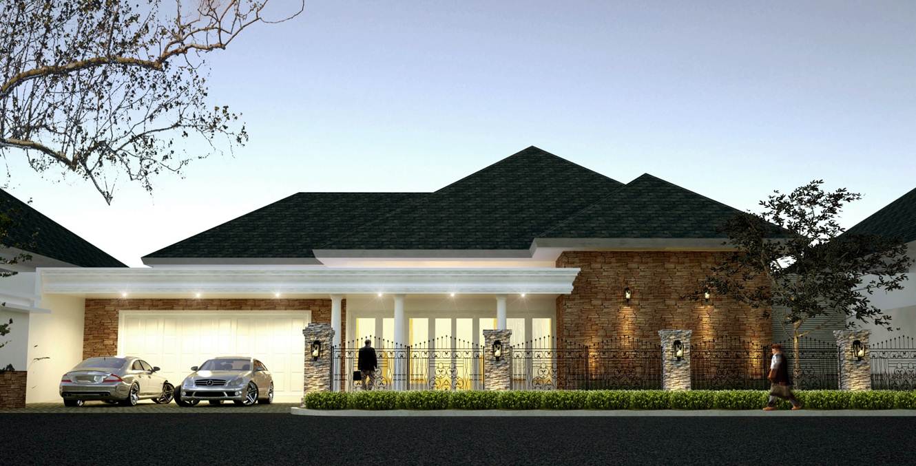 Low residential building with a dark pitched roof and stone facade