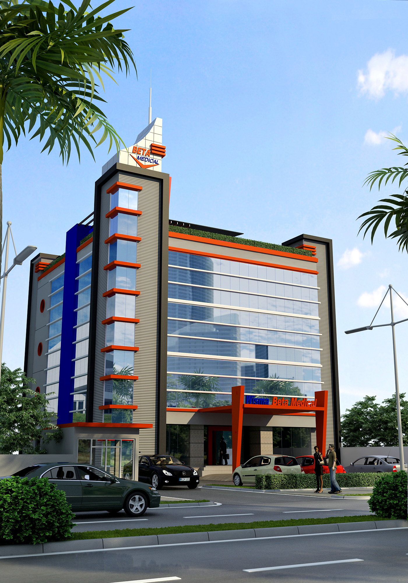 Vertical view of Beta Medica Tower framed by palm leaves